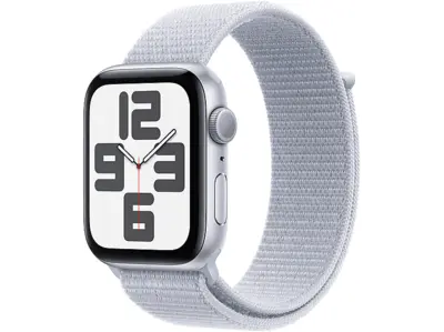 APPLE Watch SE 2024 GPS, 44mm, ezüstszínű alumíniumtok, fakókék sportpánt (MXET3QH/A)
