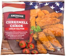 AMERICAN Csirkemellcsíkok,  chilis - sajtos panírban gyorsfagyasztott, 500g