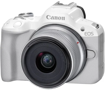 Canon EOS R50 tükör nélküli fényképezőgép, 24,2 MP, 4K + 18-45 mm objektív, fehér