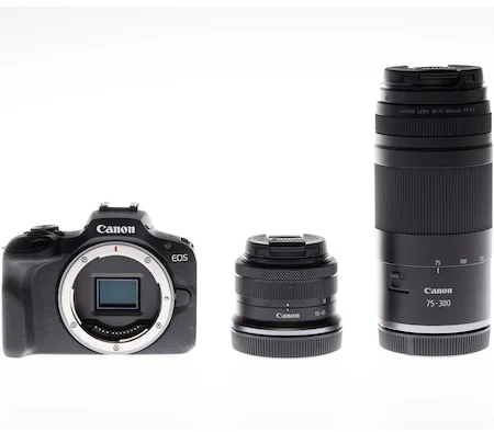 Canon EOS R100 tükör nélküli fényképezőgép, 24.1MP + RF-S 18-45mm f/4.5-6.3 objektív + RF 75-300mm f/4-5.6 objektív, Fekete