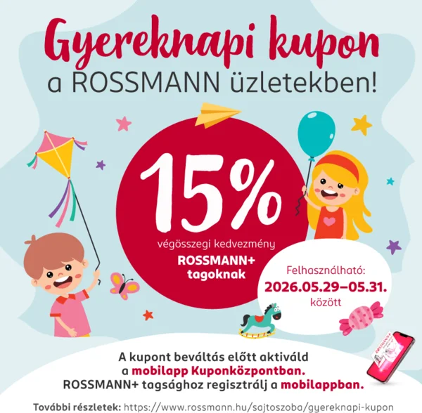 Gyereknapi kupon: 15% végösszegi kedvezmény Rossmann+ tagoknak üzletekben