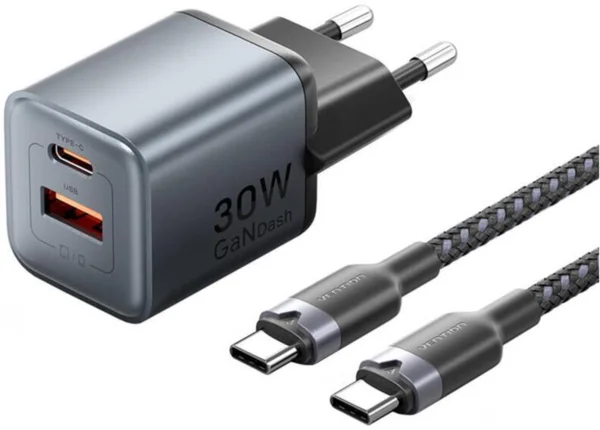 Vention 2-Port USB (C + A) GaN Charger (30W/30W) with USB-C to USB-C Cable (1M) EU-Plug Black töltő adapter 30 w