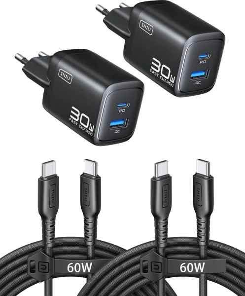 INIU 30W GaN USB-C hálózati gyorstöltő csomag (2 db, dual port, 1,5m-es 60W-os kábel, fekete)
