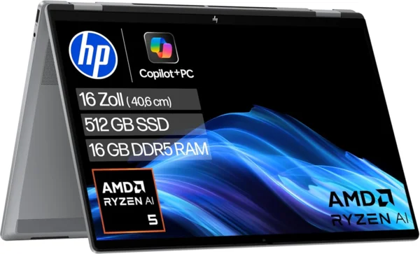 HP OmniBook X Flip 2in1 Copilot+ AI laptop (16" WUXGA Touch, Ryzen AI 5 340, 16GB, 512GB SSD, Win11, ezüst)