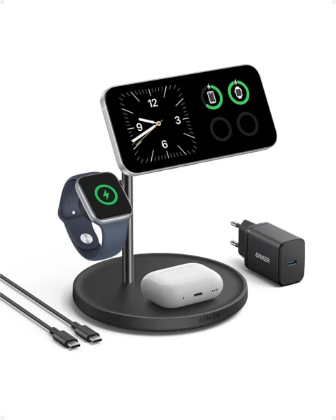 Anker MagGo 3 az 1-ben vezeték nélküli töltőállomás, 15W, MagSafe és Qi2 kompatibilis, iPhone, AirPods és Apple Watch töltéséhez
