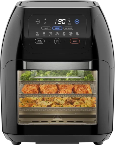 Chefman 10L digitális forrólevegős sütő, forgónyárs és aszaló, fekete