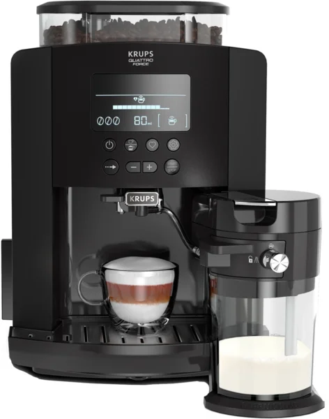 Krups Arabica Latte EA819N10 automata eszpresszó kávéfőző, 1450 W, 15 bar, 1.7 l, Kijelző, Tejtartozék, Fekete
