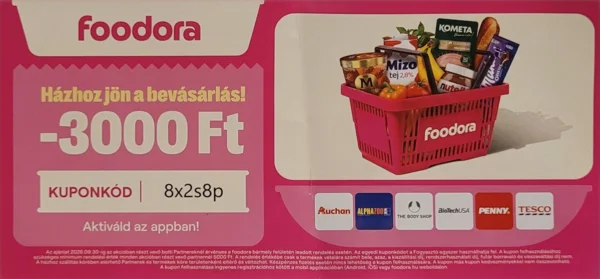 Foodora 3000Ft kedvezmény 5000Ft kosárérték felett, felsorolt üzletből történő rendelés esetén