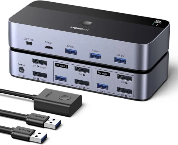 UGREEN 2 portos 8K 60Hz DisplayPort KVM switch 2 monitorhoz, 4x USB 3.0 porttal