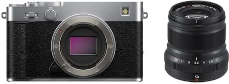 Fujifilm X-E5 tükör nélküli fényképezőgép, 40MP, 6K + XF 50mm F2.0 R WR objektív, Ezüst