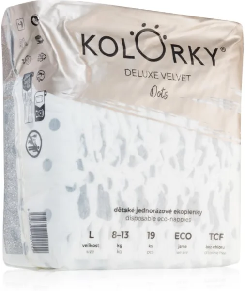 Kolorky Deluxe Velvet Dots eldobható ÖKO pelenkák L méret 8-13 kg 19 db