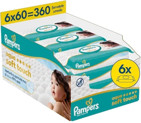 Pampers Aqua Soft Touch nedves törlőkendők puha textúrával, Könnyű testápolóval és 99%-os vízzel, 6 csomag x60, 360 db