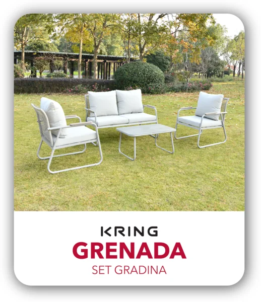 Kring Grenada kerti szett, dohányzóasztal 80x50x38,5 cm, 2xkarosszék 61,5x73x77 cm, kanapé 117x73x77 cm, bézs színű, párnákkal együtt H8CM