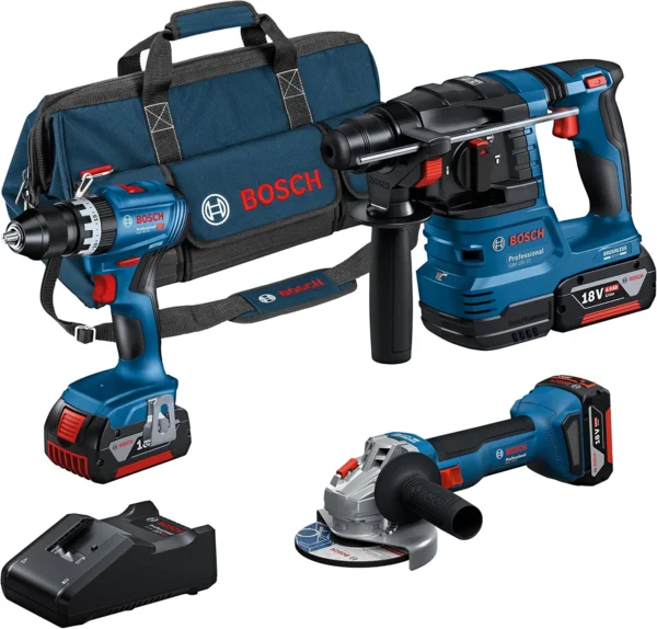 Bosch Professional 18V Akku-Combo Kit (GSB 18V-45 + GBH 18V-22 + GWS 18V-8, 3x 4.0Ah akku, töltő,