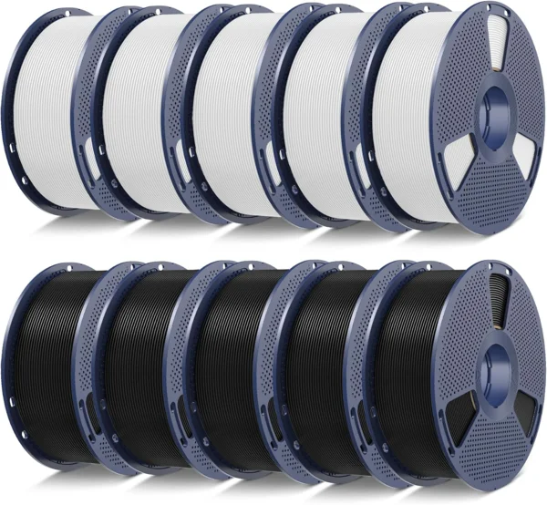 SUNLU PLA 3D nyomtató filament 1,75 mm, 10x1 kg (5x fekete, 5x fehér)