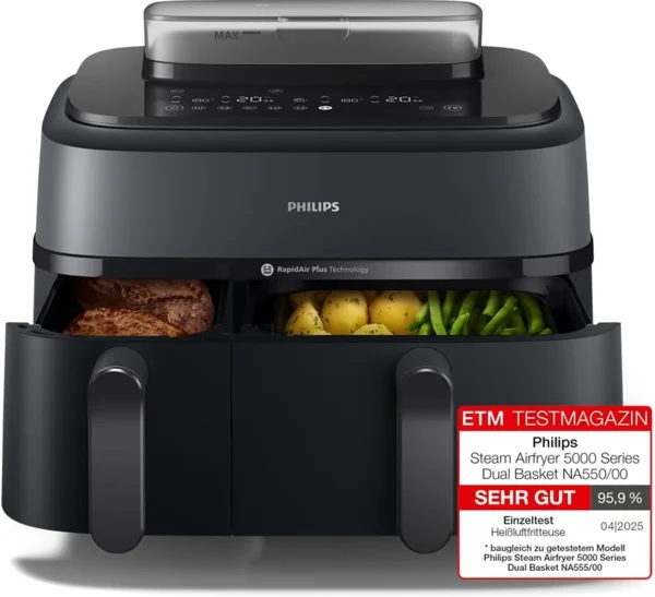 Philips 5000 Series Steam Airfryer forrólevegős sütő, fekete, 9L, 2 kosaras (NA550/00)