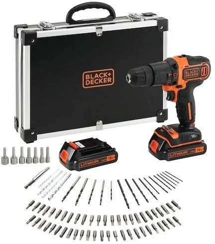 BLACK + DECKER ütvefúró, 18V AKU tokban, 80 darab tartozékkal BDCHD18BAFC-QW (2x1,5 Ah)