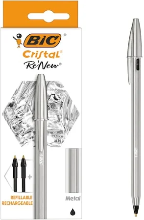 Bic Re'New kristály toll, 1,0 mm, fém test, doboz 1 toll és 2 tartalék, fekete