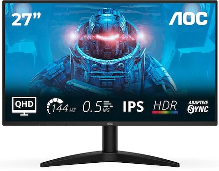 AOC Q27B36X Gaming monitor, 27", QHD (2560x1440), IPS, 144Hz, 0,5 ms MPRT, adaptív szinkron, HDR10, HDMI, DisplayPort, Fekete