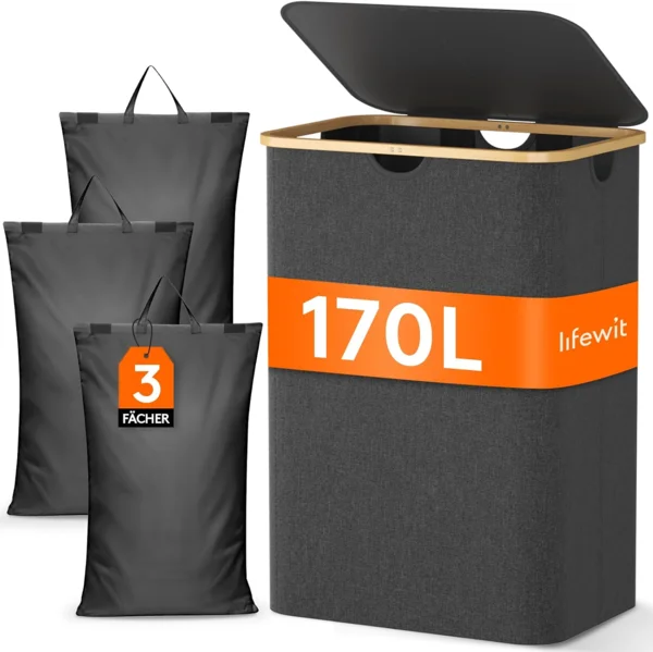 Lifewit 170 literes, 3 rekeszes szennyestartó kosár tetővel