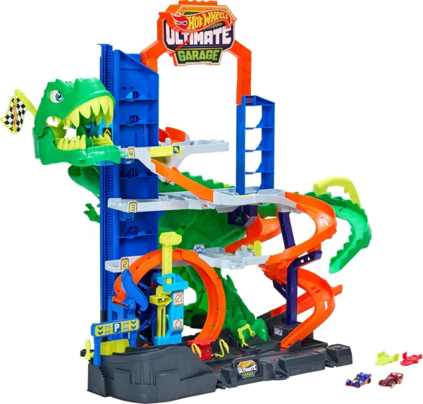 Hot Wheels City Ultimate T-Rex garázs és 2 kisautó