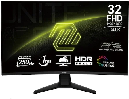 MSI MAG 32C6X Ívelt gaming monitor, VA, 31.5", Full HD, HDMI, DisplayPort, 250 Hz, 1 ms (MPRT), Fekete