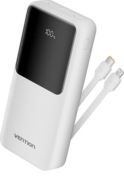Vention 20000 mAh, Integrated USB-C, Lightning Cables, 22.5W, LED Display Type, fehér power bank 20000 mah